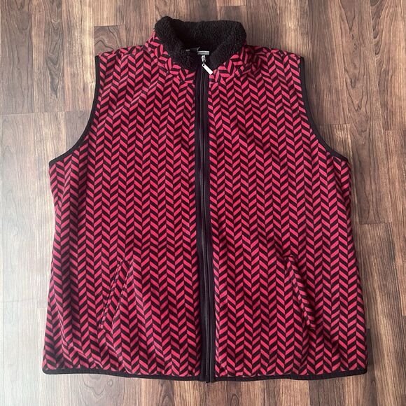 Karen Scott Fleece Vest 1X Herringbone Red Black Full Zip Pockets Christmas - Picture 1 of 8